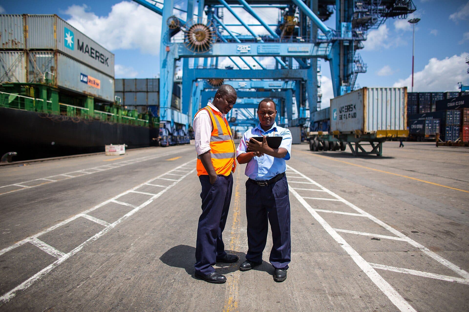 Port officials checking documents on the quay at Mombasa
